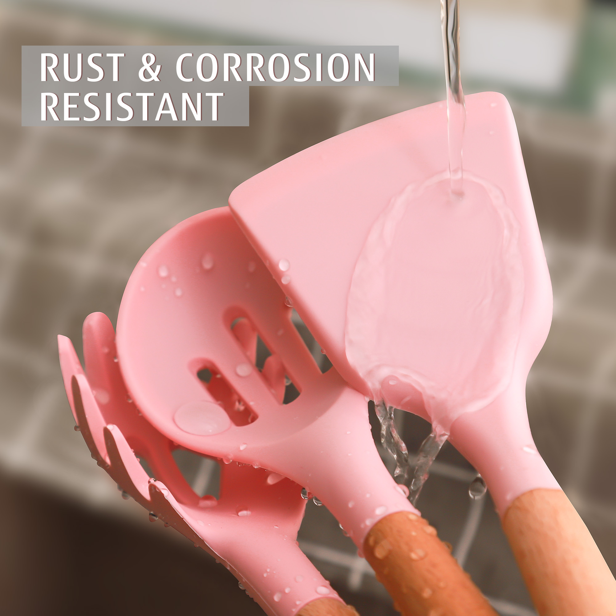 Hecef 32-Piece Silicone Kitchen Utensils Set with Stainless Steel Holder, Pink photo 7