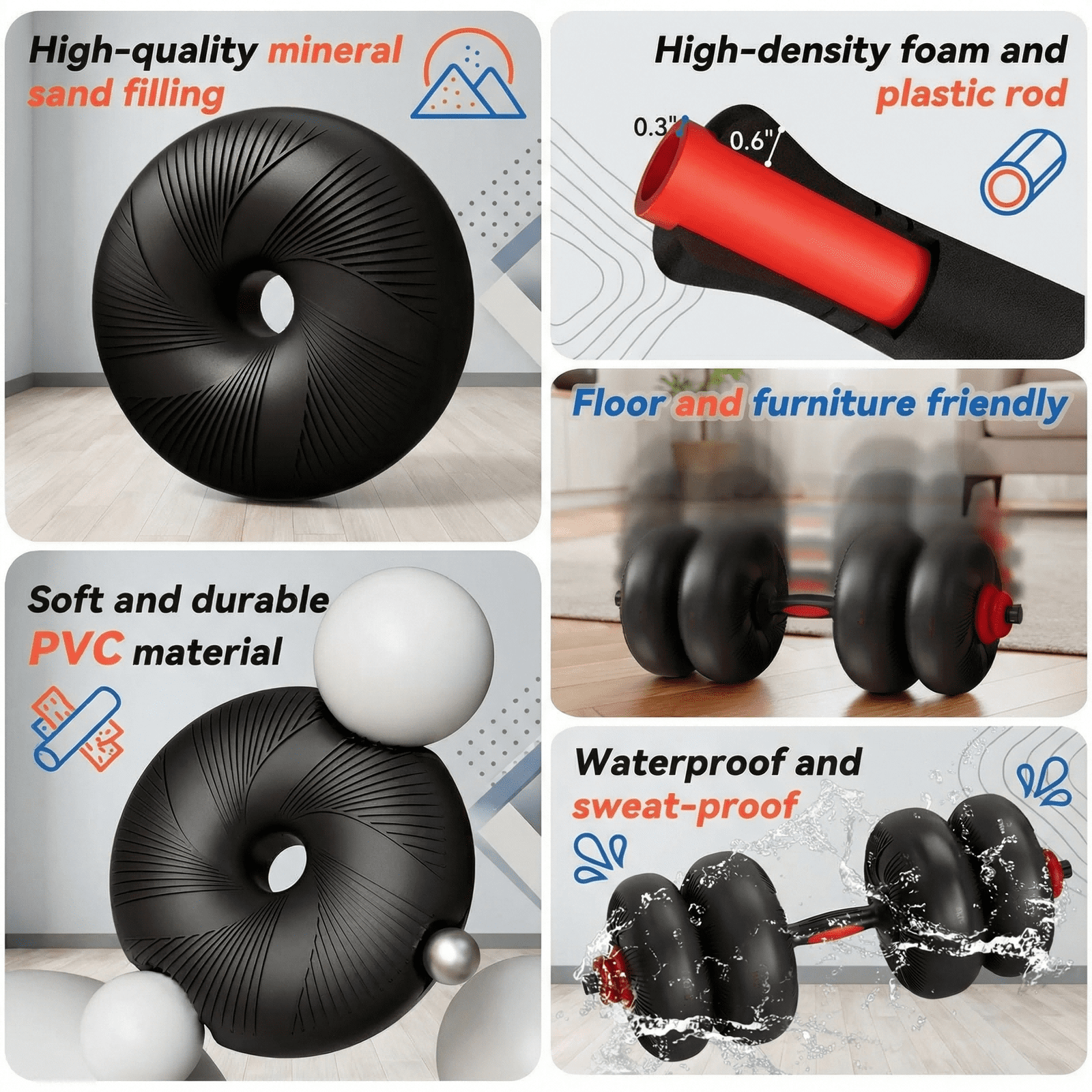 LIFERUN Adjustable Dumbbell Set, Soft PVC, 45lbs/67lbs Free Weight Set. 4-in-1: Barbell, Dumbbells, Kettlebell, Weight Plates, Red