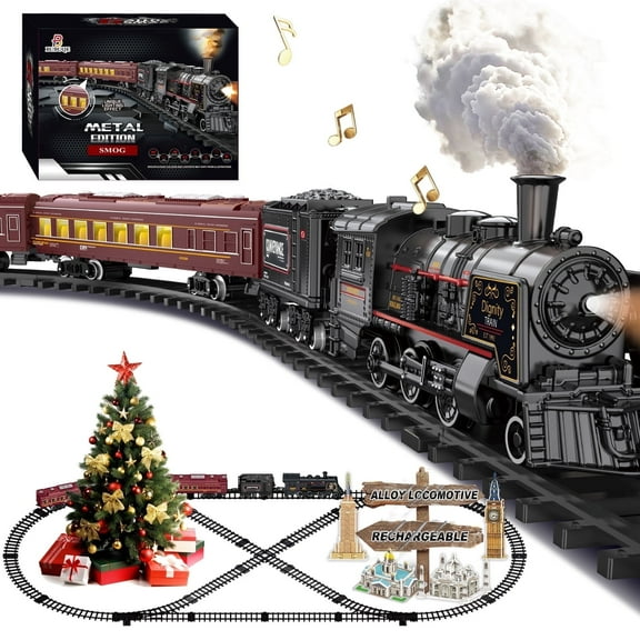 Electric Train Sets for Kids Metal Alloy Christmas Train Toys Steam Locomotive, Glowing Passenger Carriages,  Luxury Tracks, Light & Sounds Rechargeable Birthday Gifts for Boys Girls Red