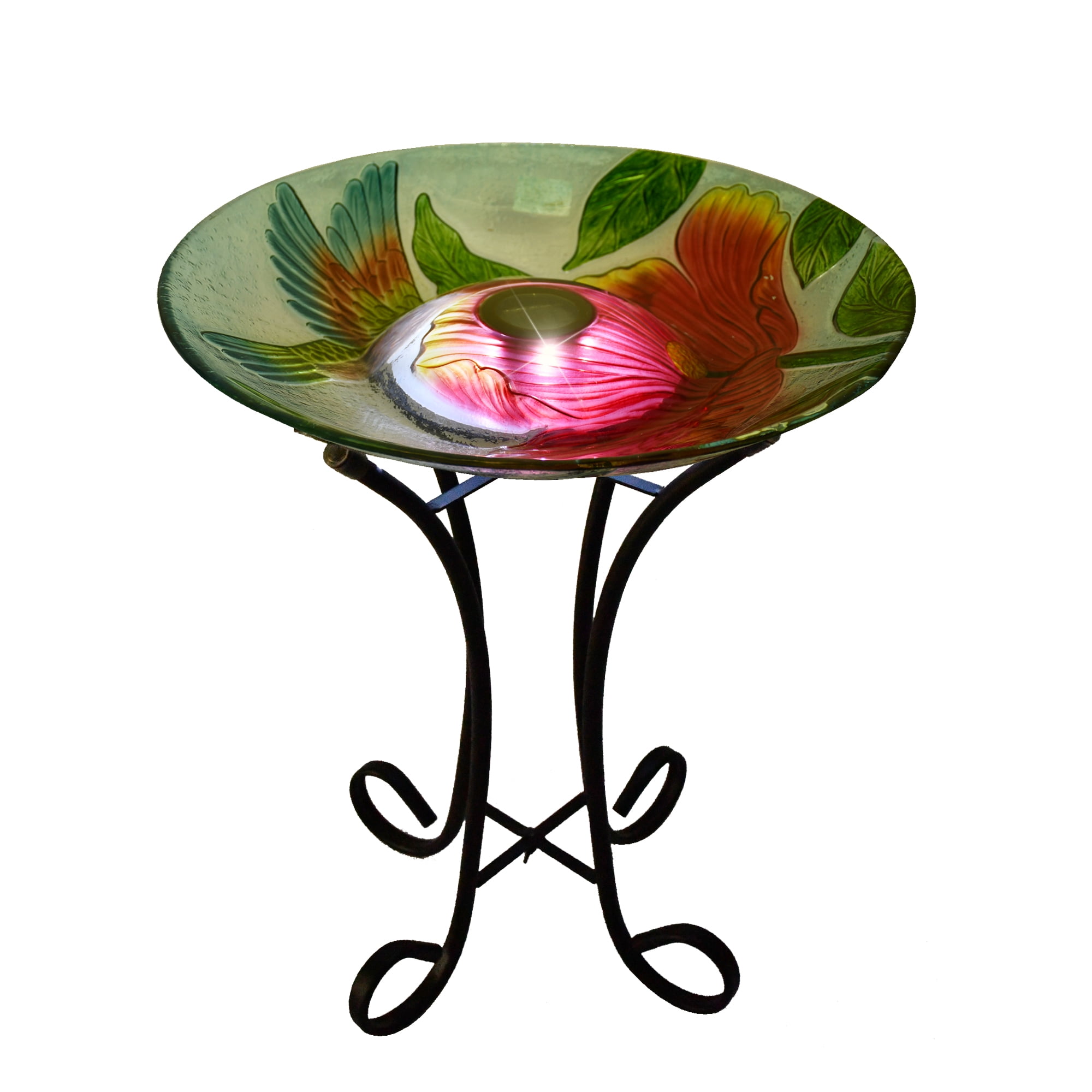 Hi-Line Gift Ltd 78415-N Solar LED Floral Glass Bird Bath with Stand - Hummingbird & Large Poppy