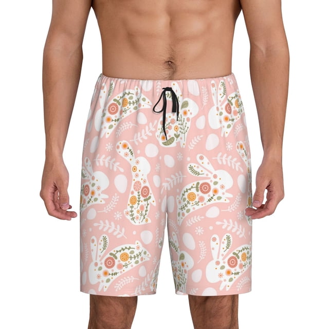 Balery Easter Bunny Pantalones cortos de pijama de punto de algodón para hombre con cinturilla y bolsillos-Small