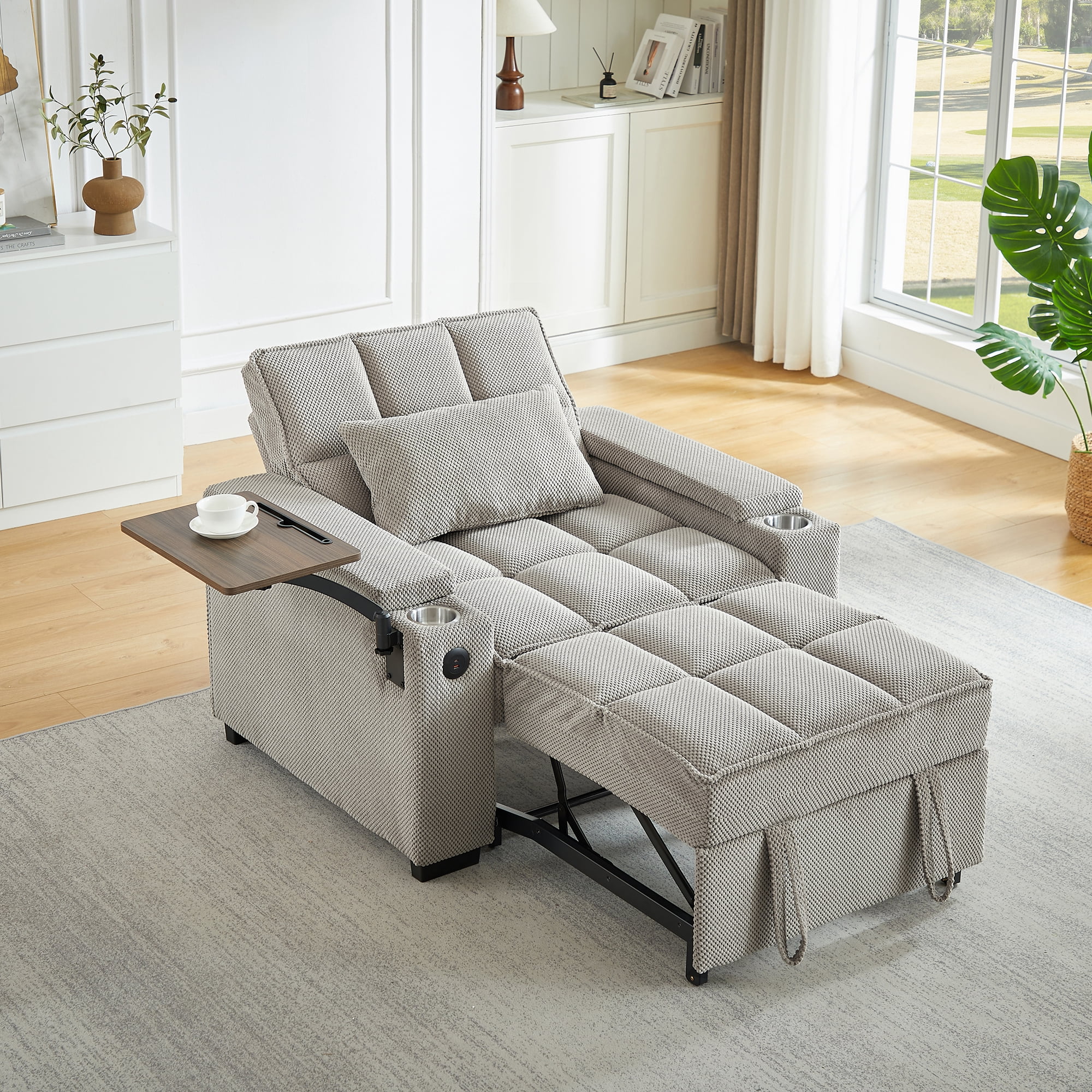 Gewnee 3-in-1 Convertible Sleeper Chair with Adjustable Backrest,Pull-Out Single Sofa Bed with Swivel Side Table & USB Ports & Cup Holder,Perfect for Dorms,Offices.Khaki