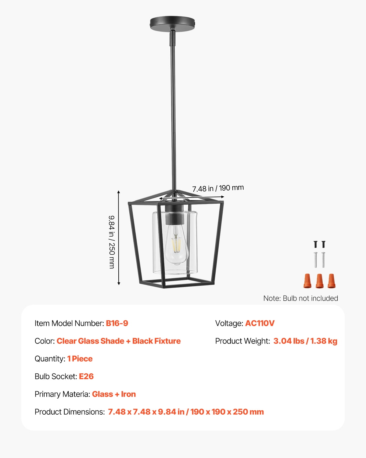 VEVOR 1-Light Black Pendant Light, 1 Pack, Farmhouse Iron Cage Metal Pendant Lighting with Clear Glass Shade, Adjustable Height Hanging Ceiling Lighting for Bedroom, Hallway, Entryway, Kitchen