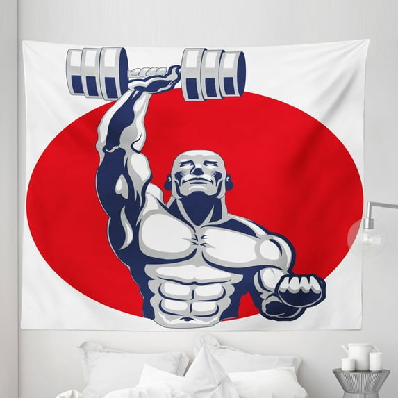 Fitness Tapestry, Muscular Man Lifting Barbells Body Builder Strength Work out Powerful, Fabric Wall Hanging Decor for Bedroom Living Room Dorm, 5 Sizes, Grey Red White, by Ambesonne