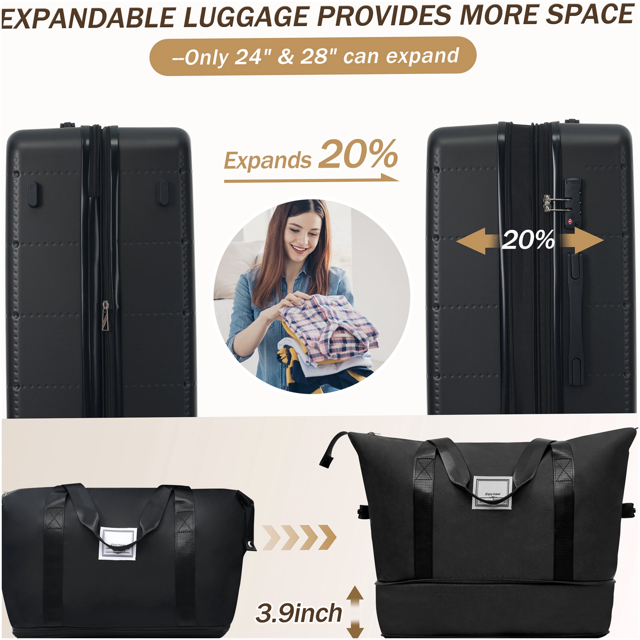 COSMOS 5-Piece Expandable Hardside Luggage Set with USB Port, TSA Lock - Black ABS Spinner Suitcases for Men &; Women
