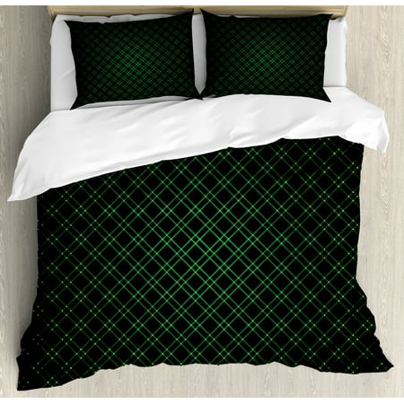 Queen Duvet Cover Dark Green Forest Green Queen Size Duvet Cover Set, Abstract Geometric Shape on Dark Background Futuristic Grid Checkered Pattern, Decorative 3 Piece Bedding Set with 2 Pillow Shams, Green Black, by Ambesonne ()