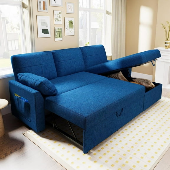 Roomy Homy Sleeper Sofa, Pull Out Couch Bed with Storage Chaise for Living Room Office, Linen Blue