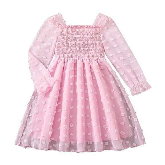 XEGLSBU Dresses for Girls 5-6 Fancy Big Girls Square Neck Long Sleeve Ruffle Waist Flowy Party Gown Elegant Dress Pink Size 7-8 Years