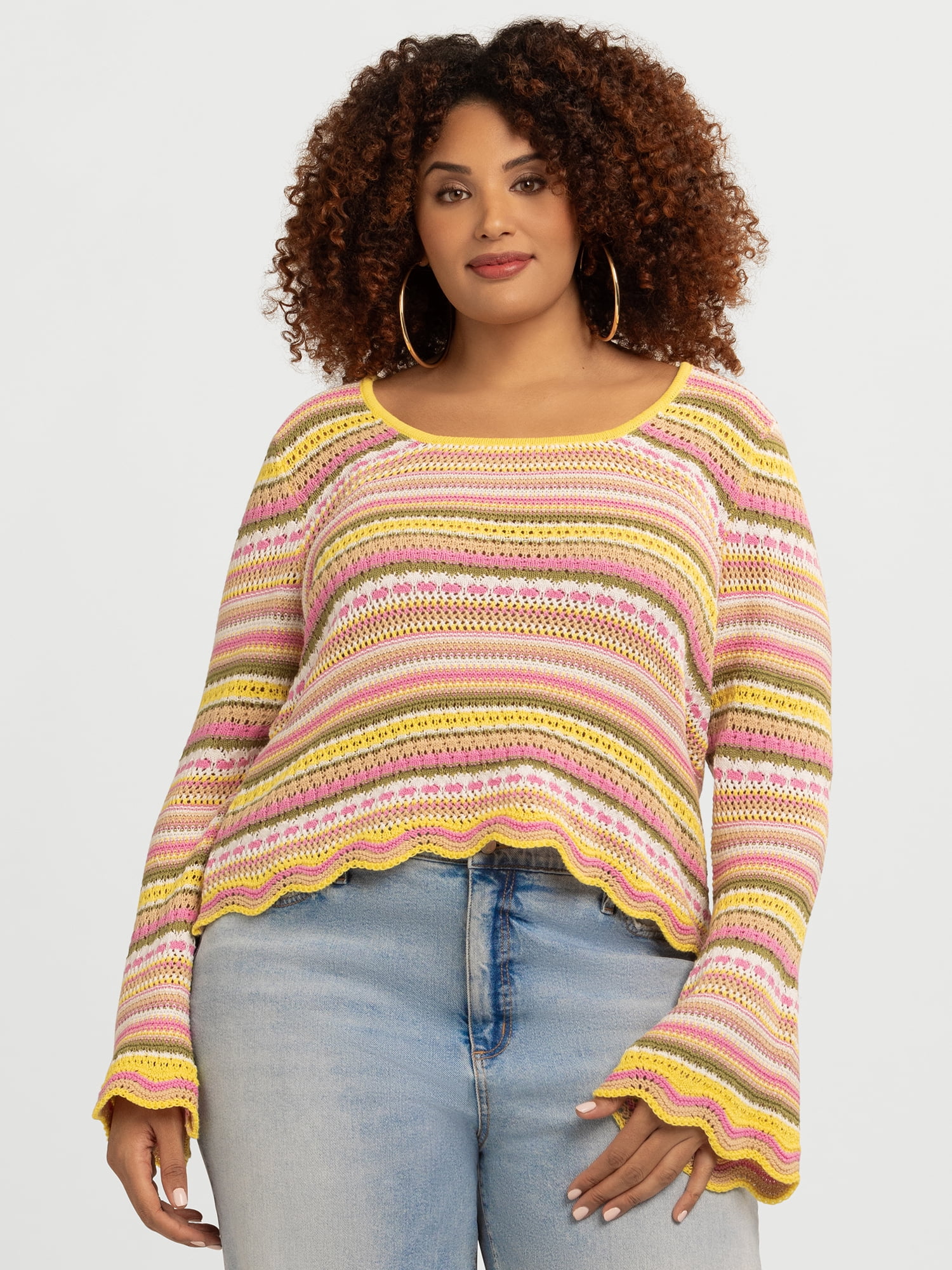 Jessica Simpson Women's Lilianna Cotton Pointelle Sweater with Long Sleeves, Lightweight, Sizes XS-X4