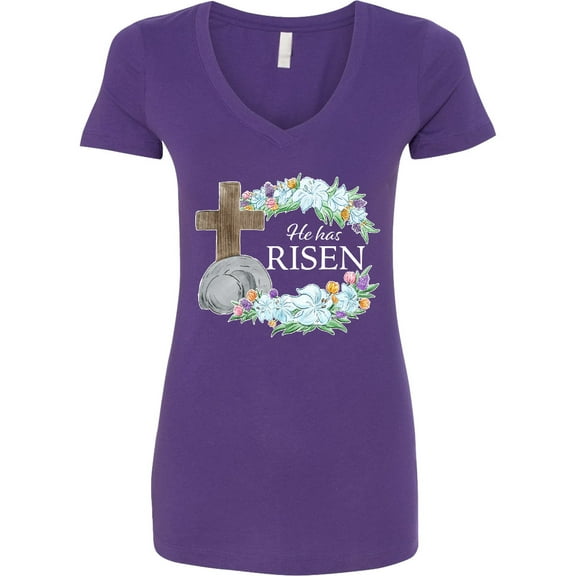 Inktastic Easter He Has Risen with Cross and Flowers Women's V-Neck T-Shirt