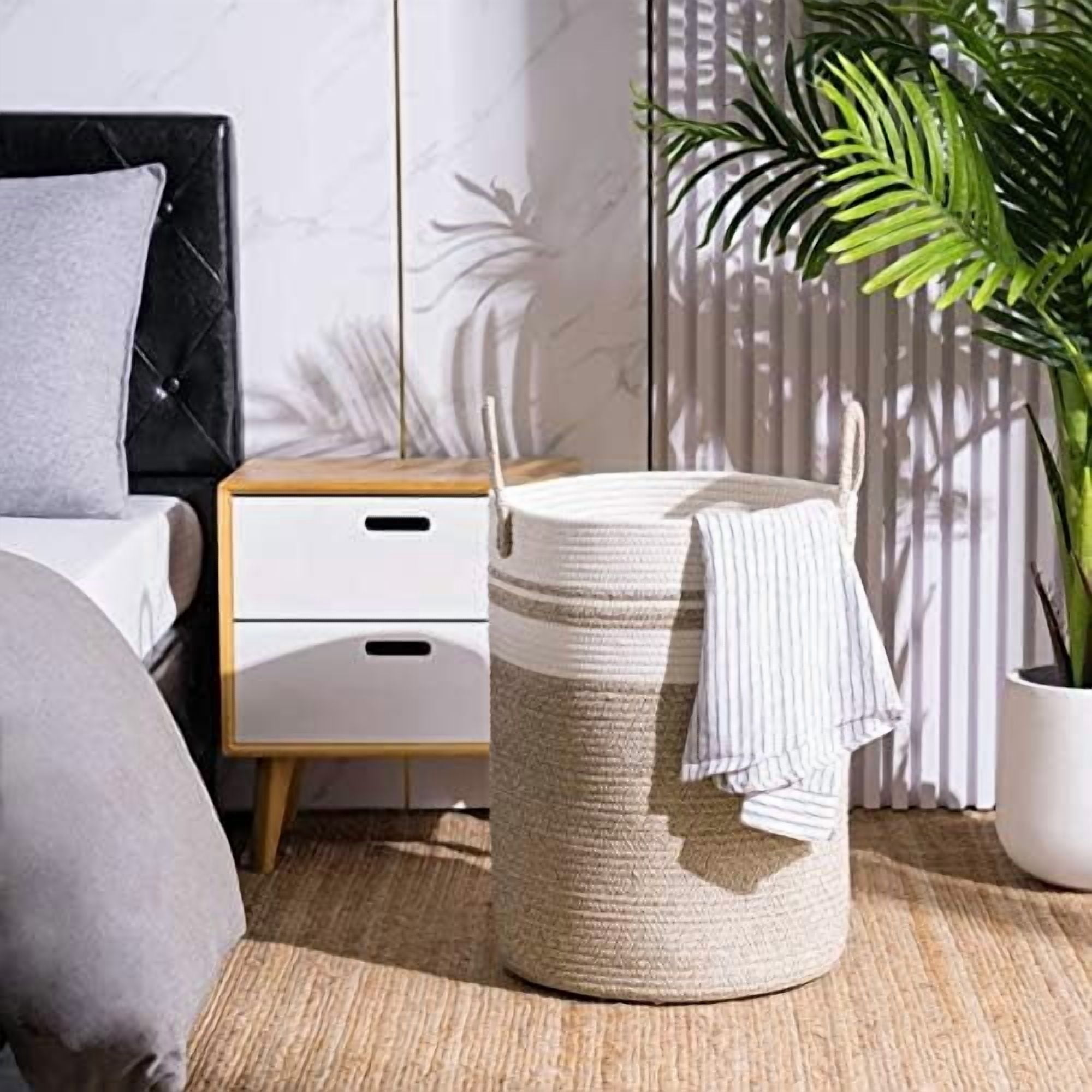 Woven Rope Laundry Hamper Basket, 58L Tall Laundry Basket for Blanket Organizer- Clothes Hamper for Bedroom Storage, Baby Kids Nursery Hamper-Large-Brown