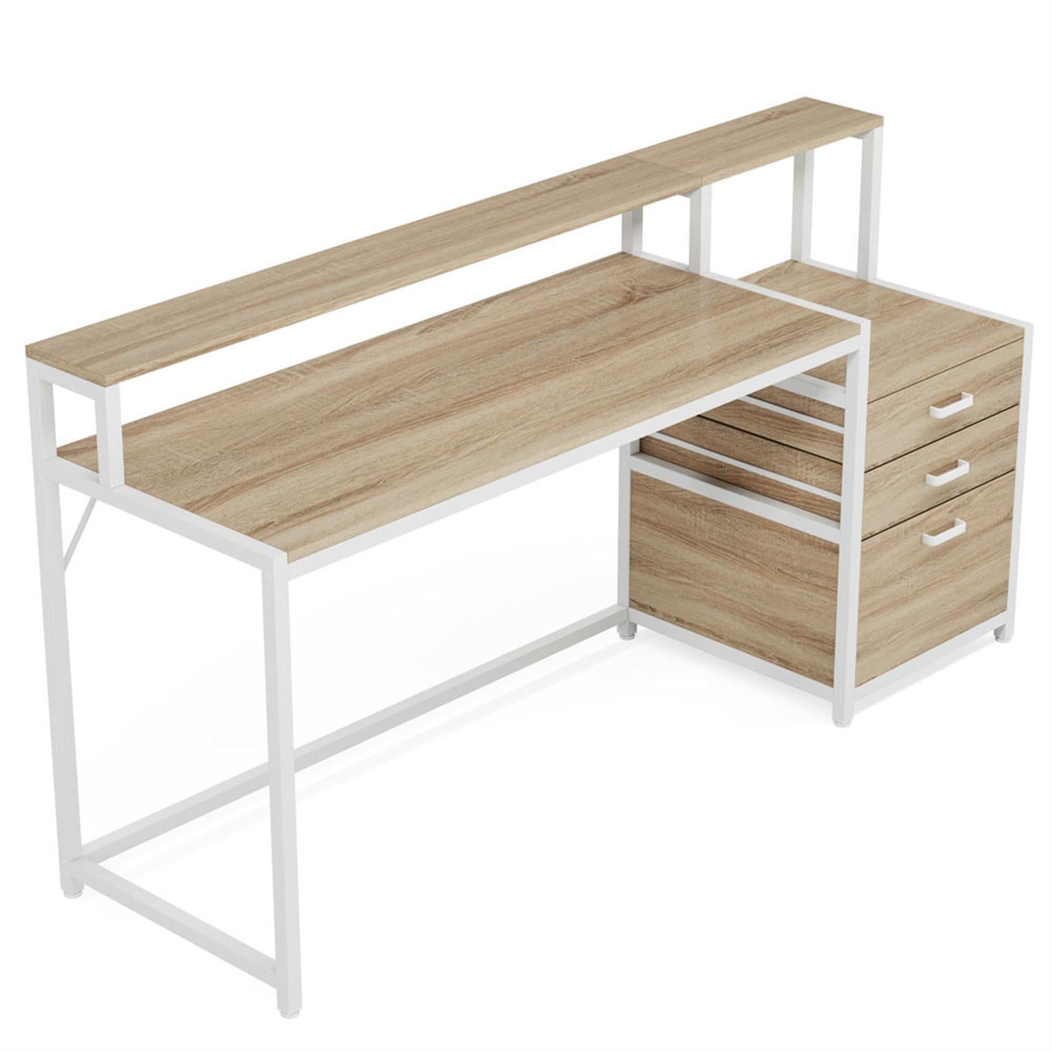 Demi Bonn Modern L Shaped Gaming Desk, 63" Ergonomic Office Corner Executive Desk with Drawers and Monitor Stand for Home Office, Beige