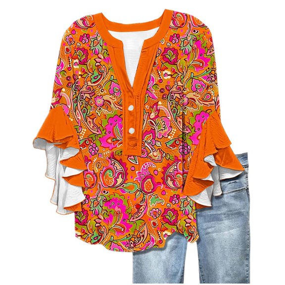 Womens T Shirts Boho Floral print Ruffle Hem Sleeve Button V Neck Vintage Casual Lightweight Outfits Clothes 2026 Orange L