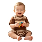 TTAO Short-Sleeve Striped Romper Baby Boys G-Tube Bodysuit NICU/PICU Port-friendly Adaptive Clothing for Toddler Brown 3-4