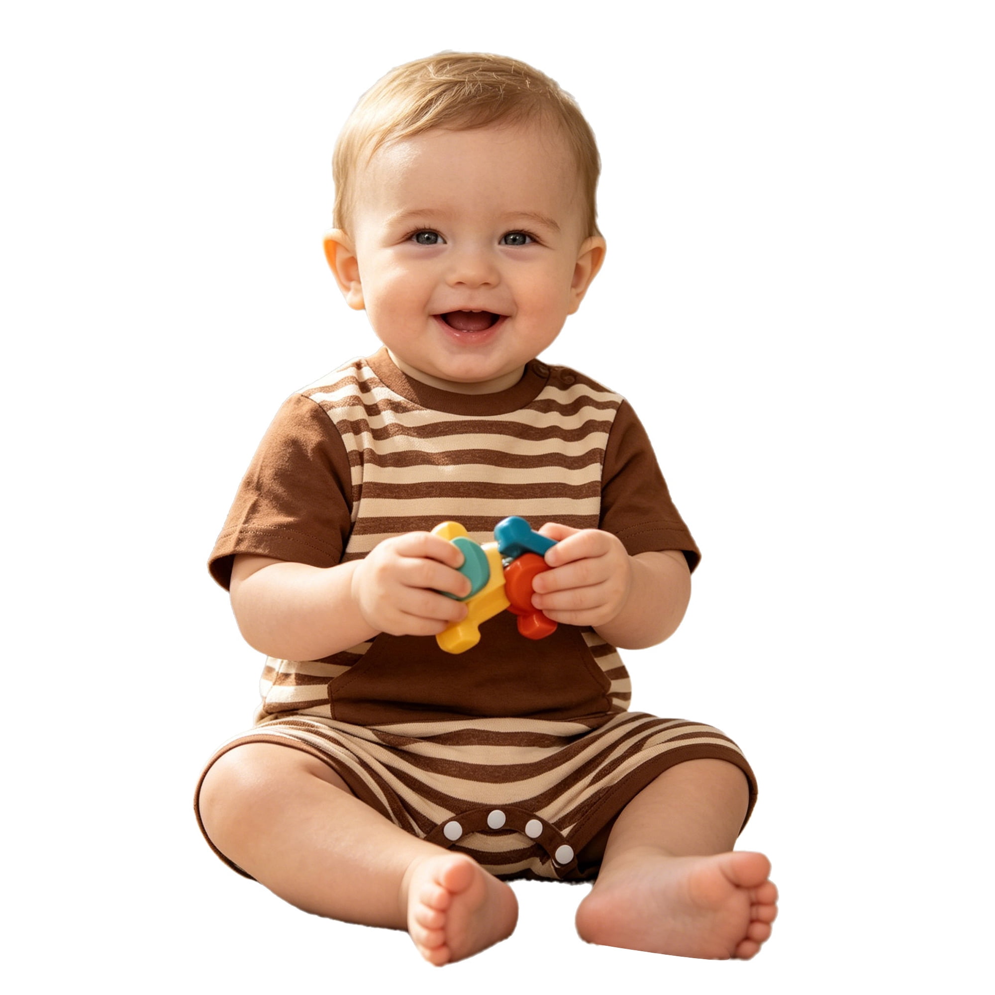TTAO Short-Sleeve Striped Romper Baby Boys G-Tube Bodysuit NICU/PICU Port-friendly Adaptive Clothing for Toddler Brown 3-4