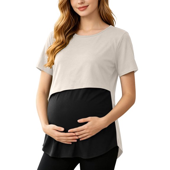 Ohufall Women's Maternity T Shirts Breastfeeding Breathable Short Sleeve T-shirts Comfortable Color Block Nursing Tops