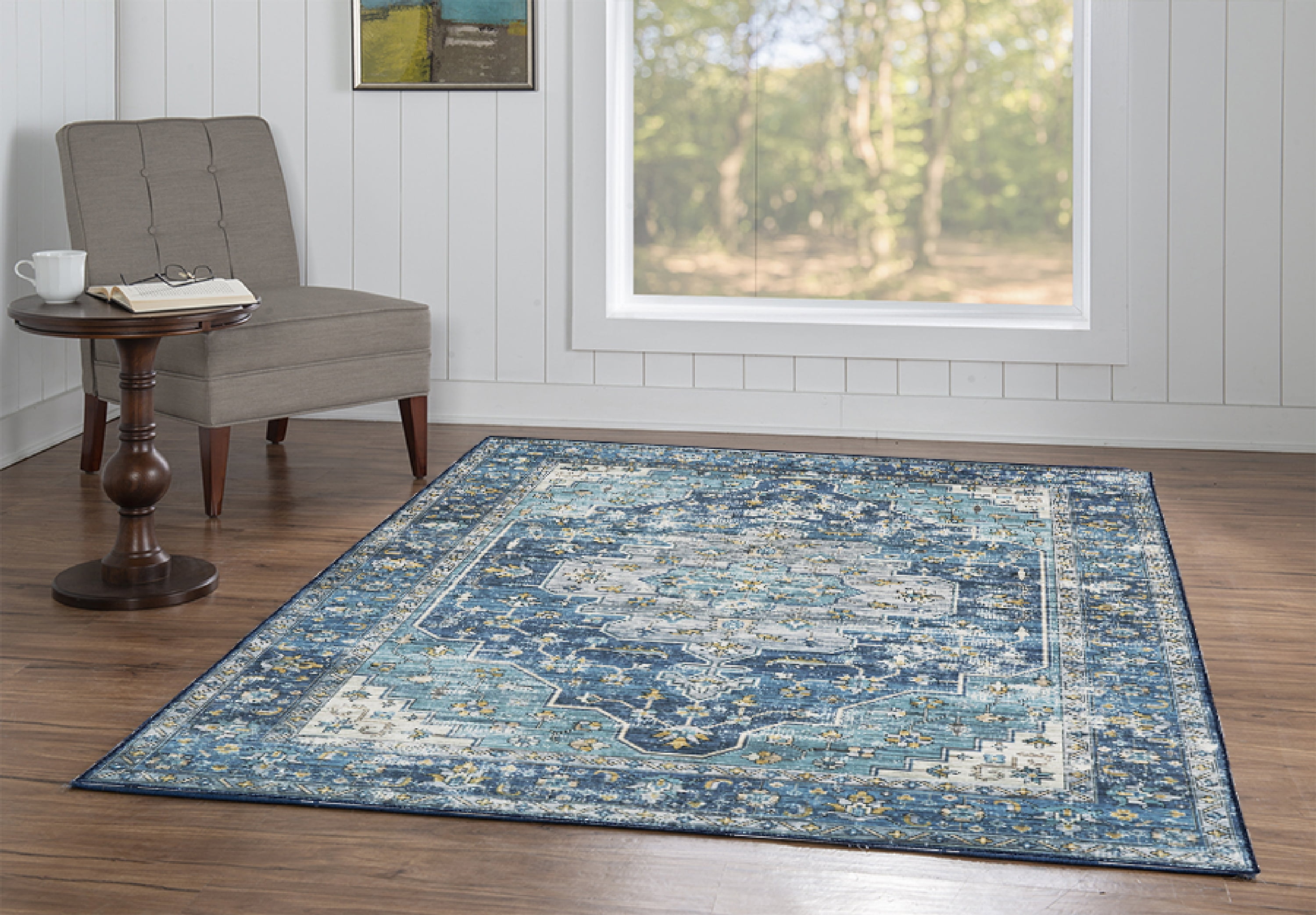 Linon Home Décor Washable Sariah Area Rug or Runner Collection, Teal and Ivory, 5' x 7'