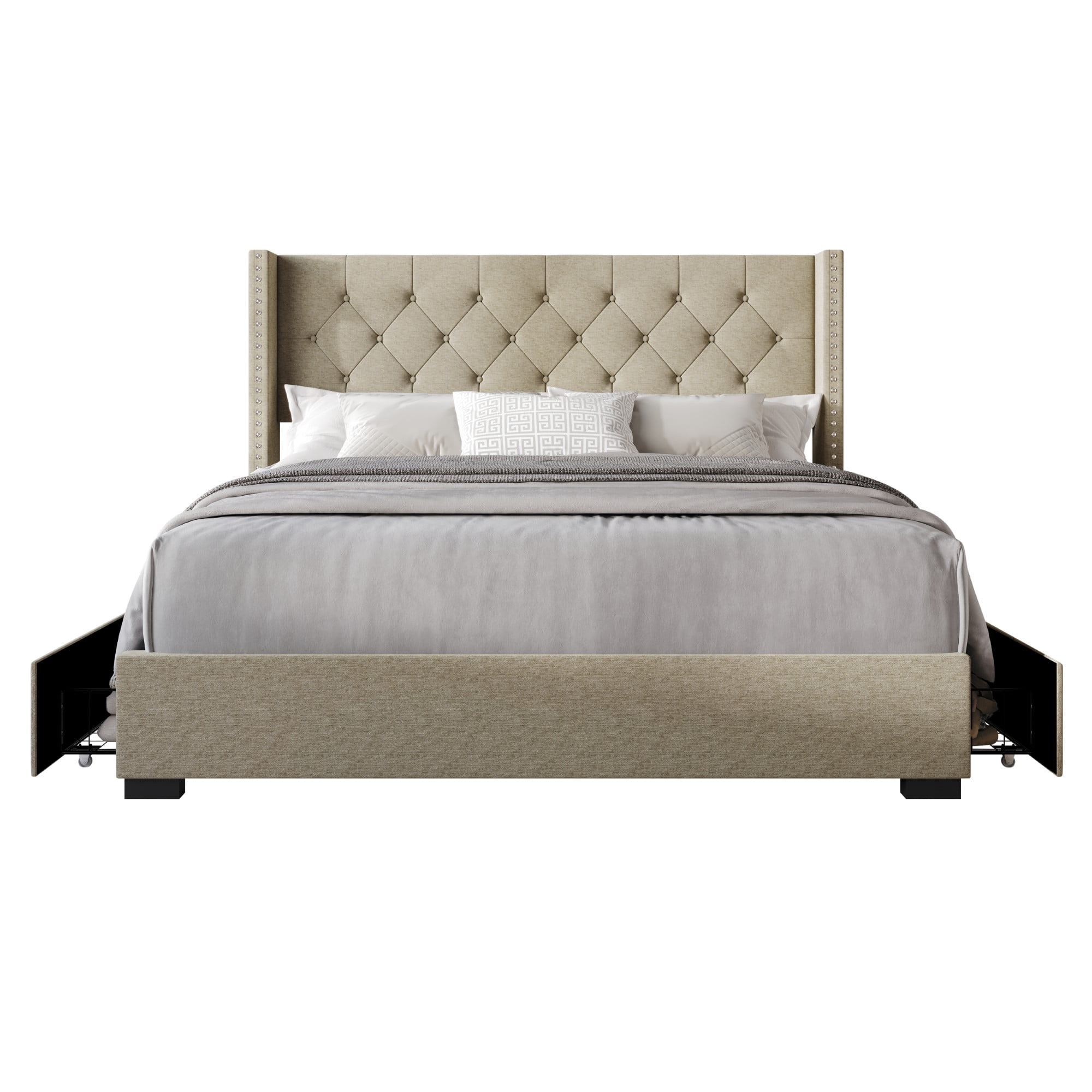 Home Design Greeley King Tufted Upholstered Storage Platform Bed Frame with Button-Tufted Wingback Headboard and Four Under-Drawers, Dark Beige, Easy Assembly