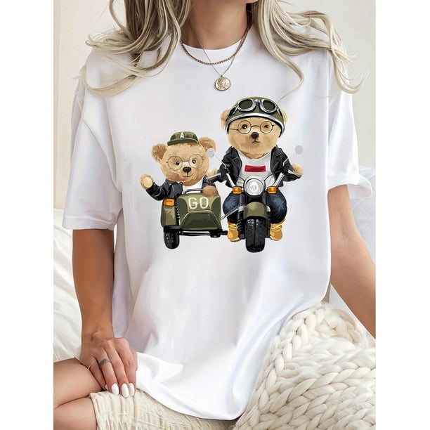 Camiseta para mujer con Cuello de verano1pc Women'S Casual Crew Neck T-Shirt with Fun Glasses Bears Motorcycle Print, Polyester Knit Fabric, Medium Stretch, Animal Pattern, All-Season Fashion TopFat