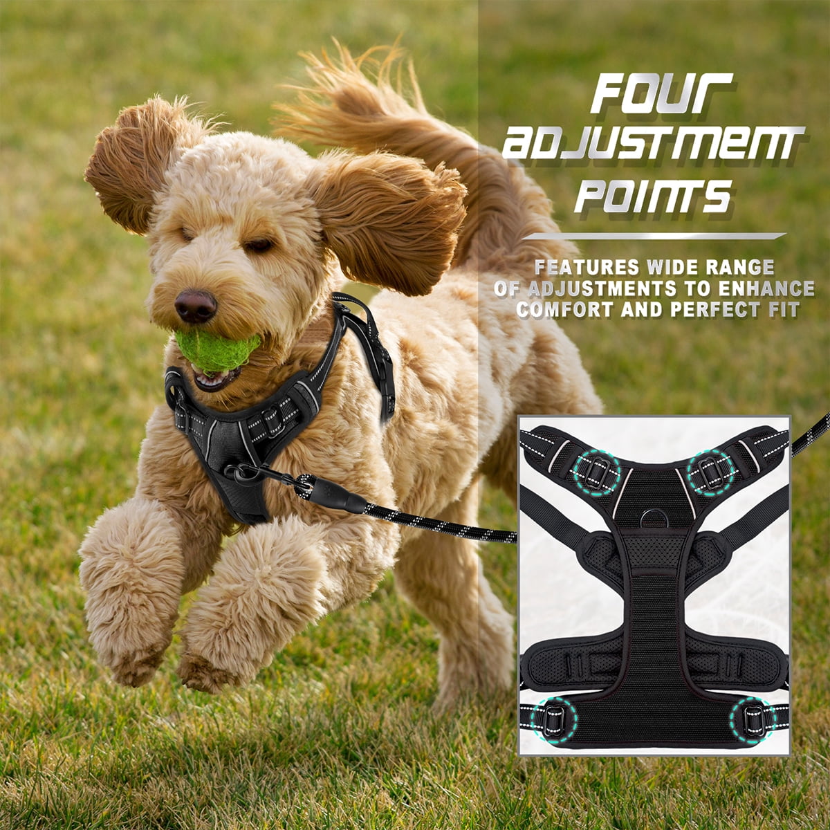 BARKBAY No Pull Dog Harness for Large Dogs with 2 Metal Leash Clips Reflective and Easy Control Handle for Walking Training Running Black,S