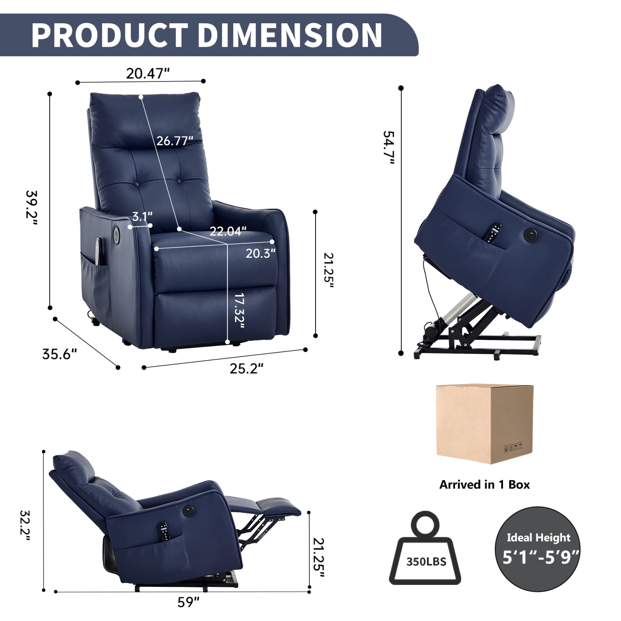 Leumius Power Lift Recliner Chair with Massage and Heat for Elderly,Heavy Duty Electric Reclining Chair with Side Pockets,USB Charge Port for Living Room,Blue-Faux Leather