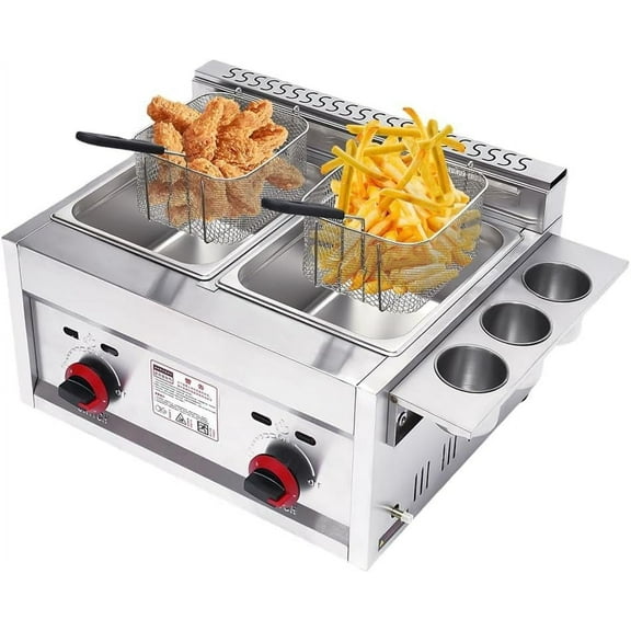 12 Liter Commercial Countertop Deep Gas Fryer Stainless Steel Outdoor Cooker 6L Basket ×2 Chicken Chips Fryer For French Fries Home Kitchen Restaurant