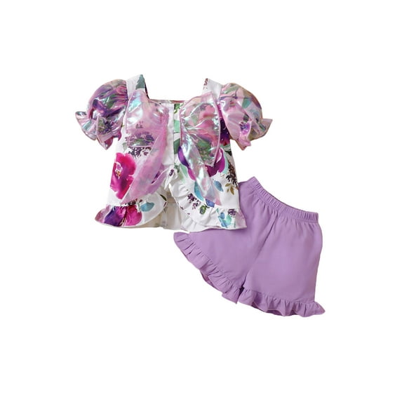 Franhais 2 Pieces Girls Suit Set, Floral Print Short Puff Sleeve Ruffle Tops+ Solid Color Shorts