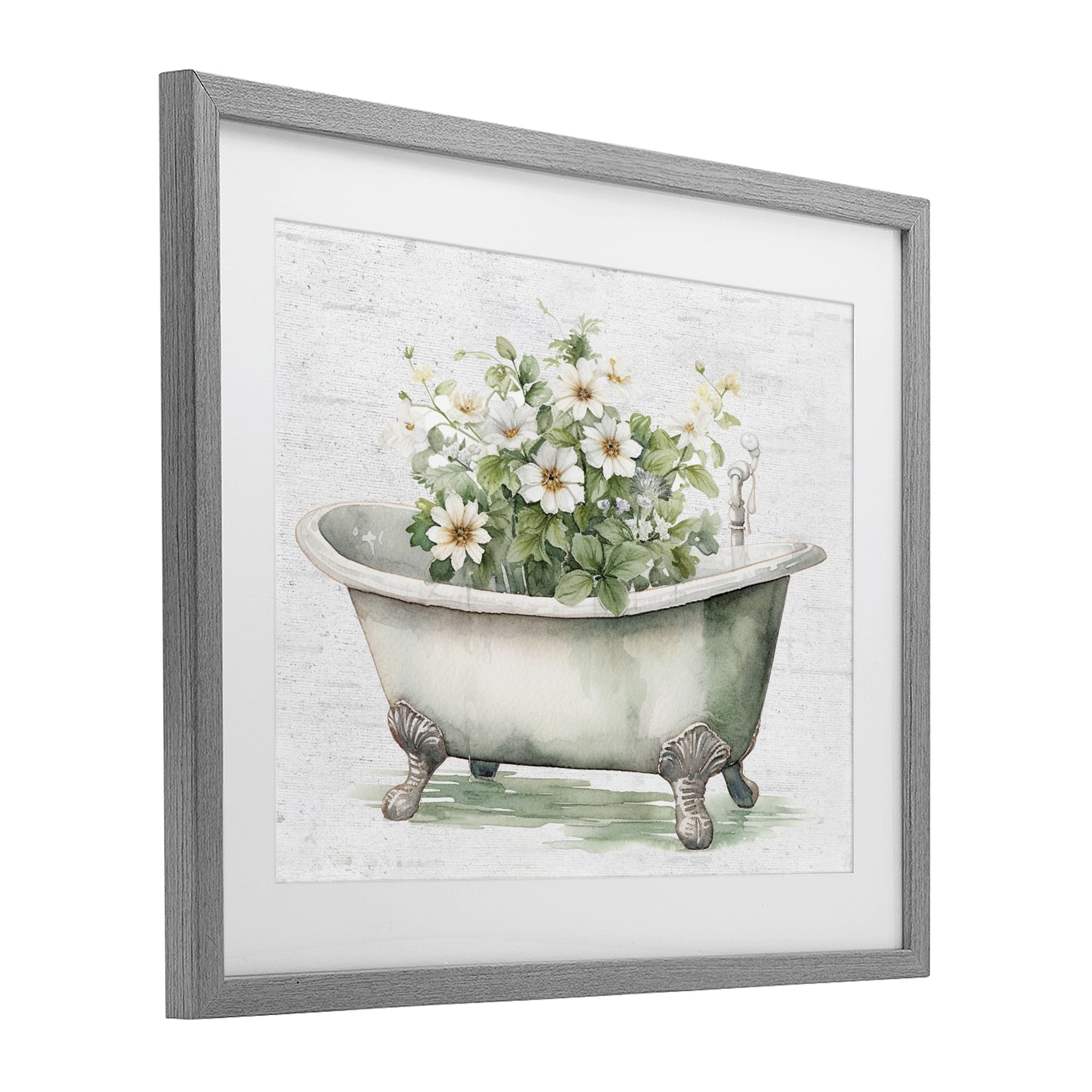 Boho Tub with Daisies Gray Framed Print Under Glass, design by Lettered and Lined