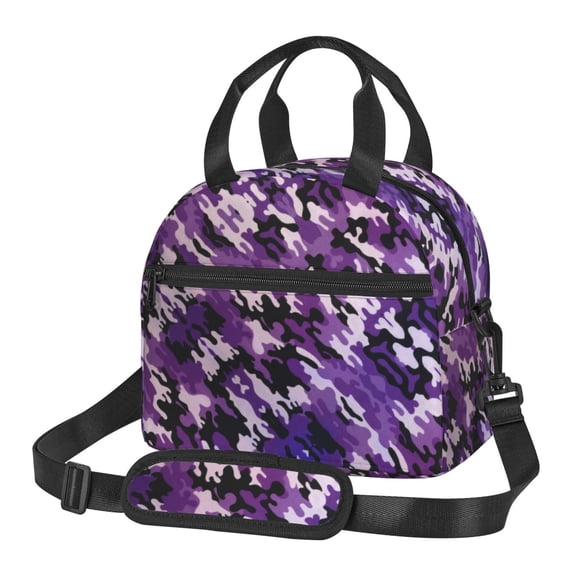 Women Men Purple Camouflage Reusable Insulated Lunch Cooler Leakproof Meal PrepTote Bag with Removable Adjustable Shoulder Strap