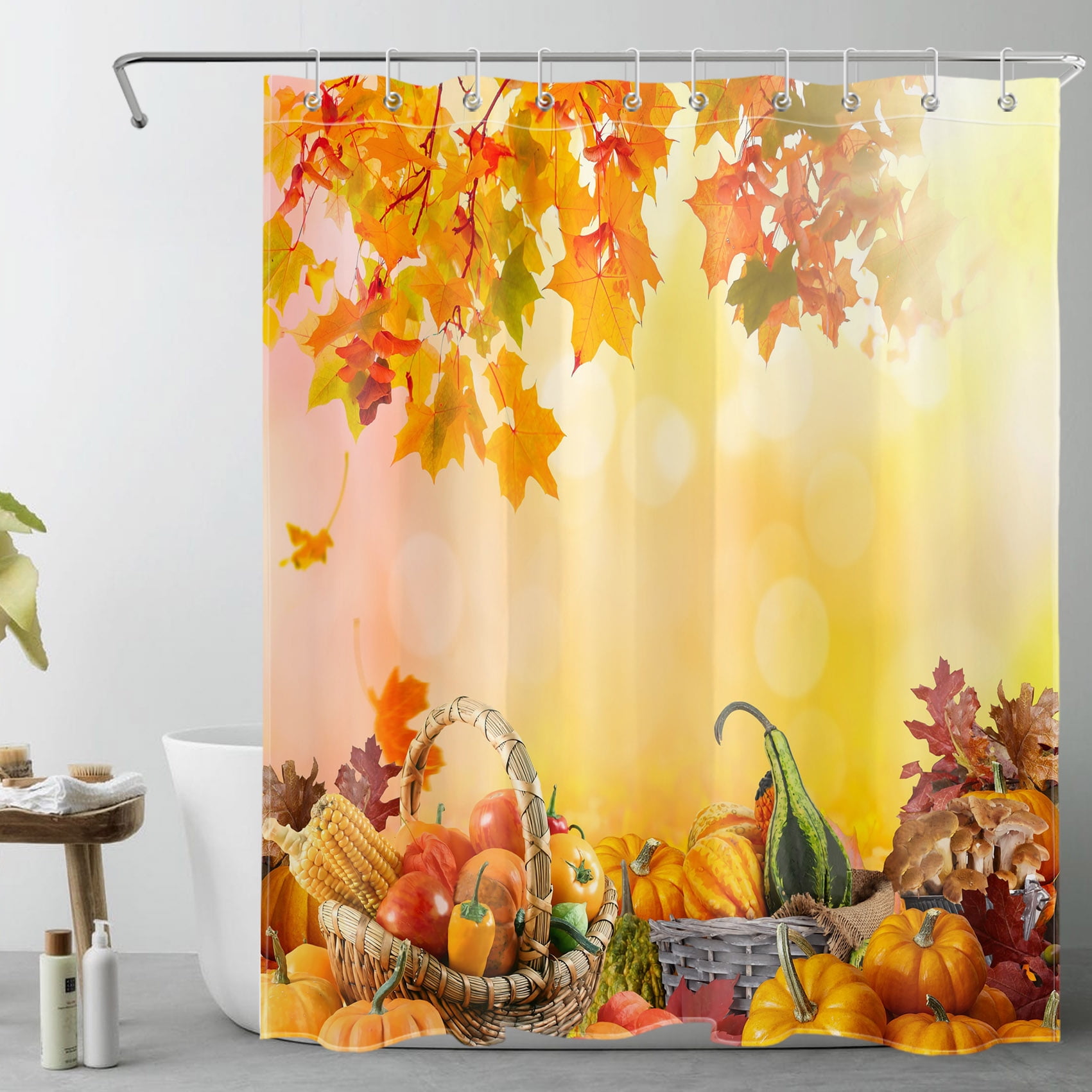 HVEST Autumn Harvest Pumpkin Shower Curtain, Farmhouse Harvest Fruits Vegetables Maple Leaf Bathroom Shower Curtain Orange Polyester Fabric Decor Curtain with Hooks, 60X72 inch