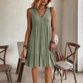 thumbnail image 4 of Ayolanni Solid Spring Dresses for Women Modest V-Neck Sleeveless Midi A-Line Dress Ruffle Beach Pleated Casual Vacation Sundress with Pockets Green L, 4 of 6