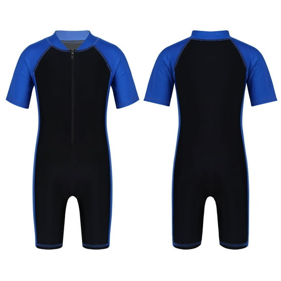 Aislor Kids Boys Girls One Piece Short Sleeve Zippered Wetsuit UV Sun Protection Rash Guard Swimwear A Blue&Black 12
