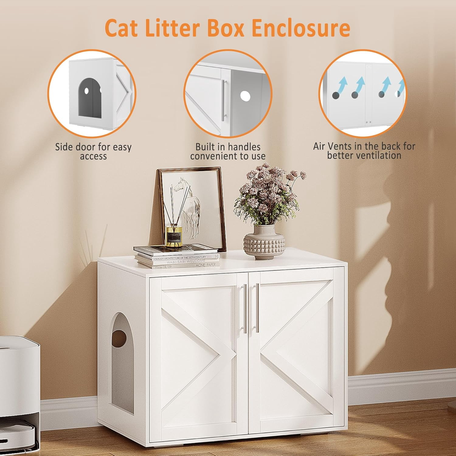 Cat Litter Box Enclosure,Hidden Litter Box Furniture with Double Room,Wooden Litter Box Enclosure Furniture,Indoor Cat House Cat Washroom Furniture