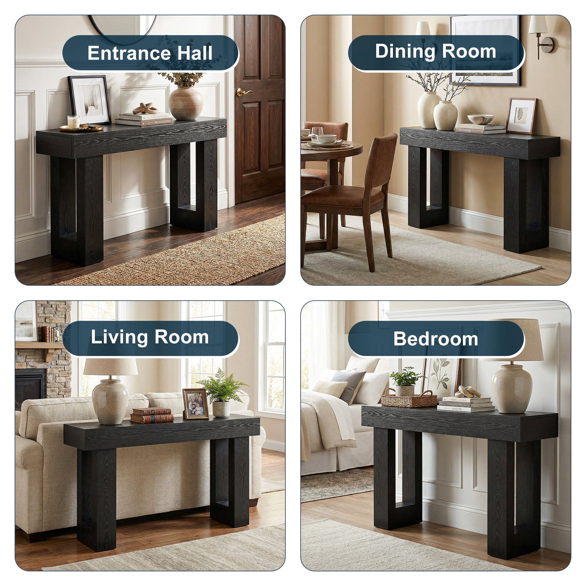 Demi Bonn 63" Console Table, Farmhouse Wooden Sofa Table Entryway Table for Hallway, Entrance, Living Room, Bedroom, Black