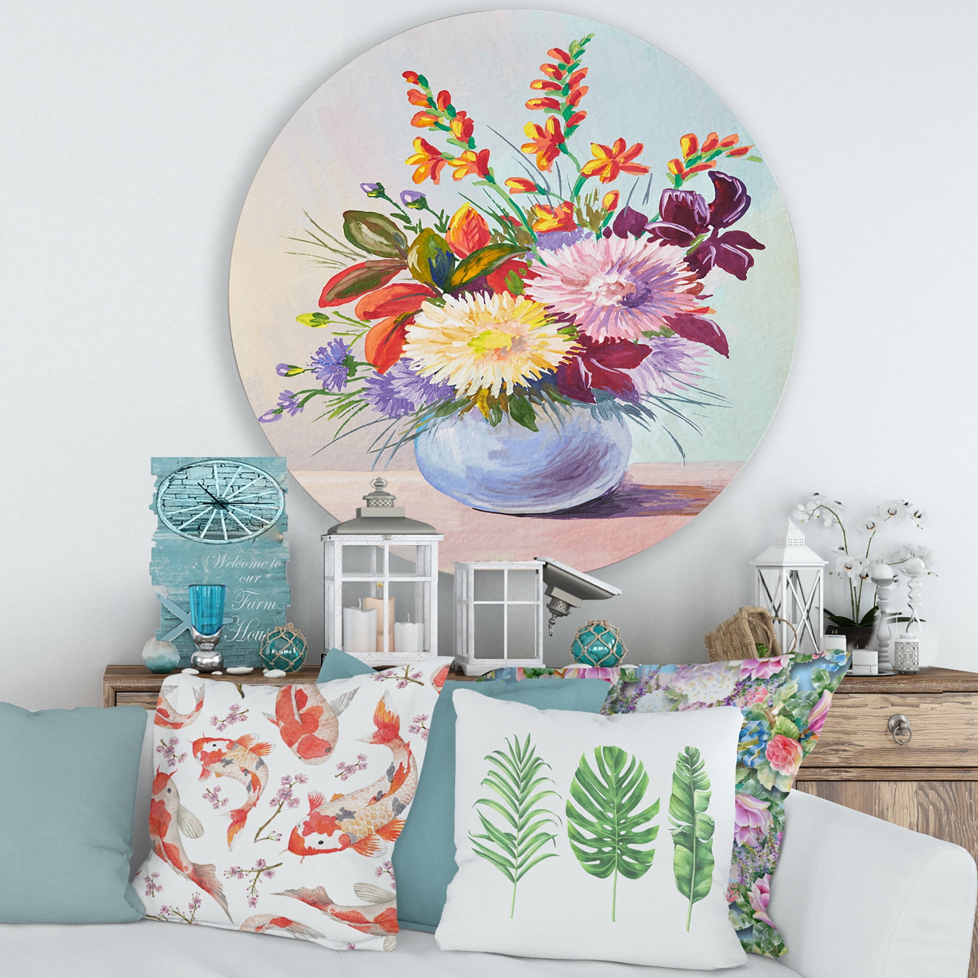Designart 'Still Life With Asters On Colorful Flowers In Vase' Traditional Circle Metal Wall Art 29x29 - Disc of 29