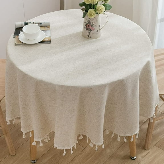 STONCEL Round Tablecloth 60 Inch, Cotton Linen Table Cloths with Tassel, Boho Table Cover for Kitchen Dining Room Tabletop Decorations Farmhouse Coffee Picnics, Suit for Round 30-48" Table, Beige