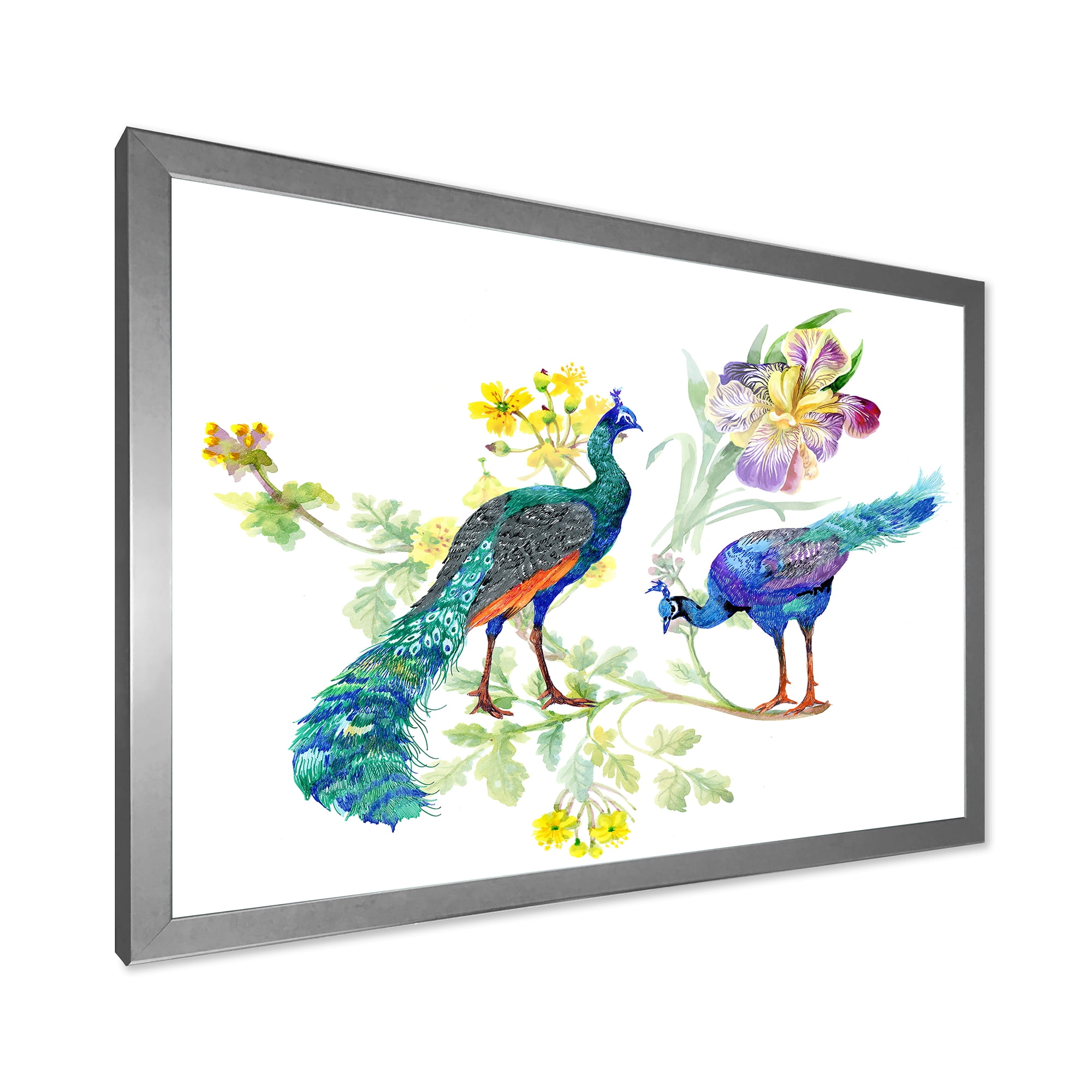 Designart 'Iris Flowers and Peacocks' Traditional Framed Art Print