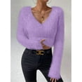 thumbnail image 5 of Women'S Fuzzy Long Sleeve V Neck Crop Sweater Casual Plain Slim Fit Warm Knitwear Sweater Pullovers Purple S, 5 of 8