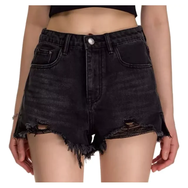 Short Mujer Mezclilla De Cintura Alta Negro Crudos Rasgados