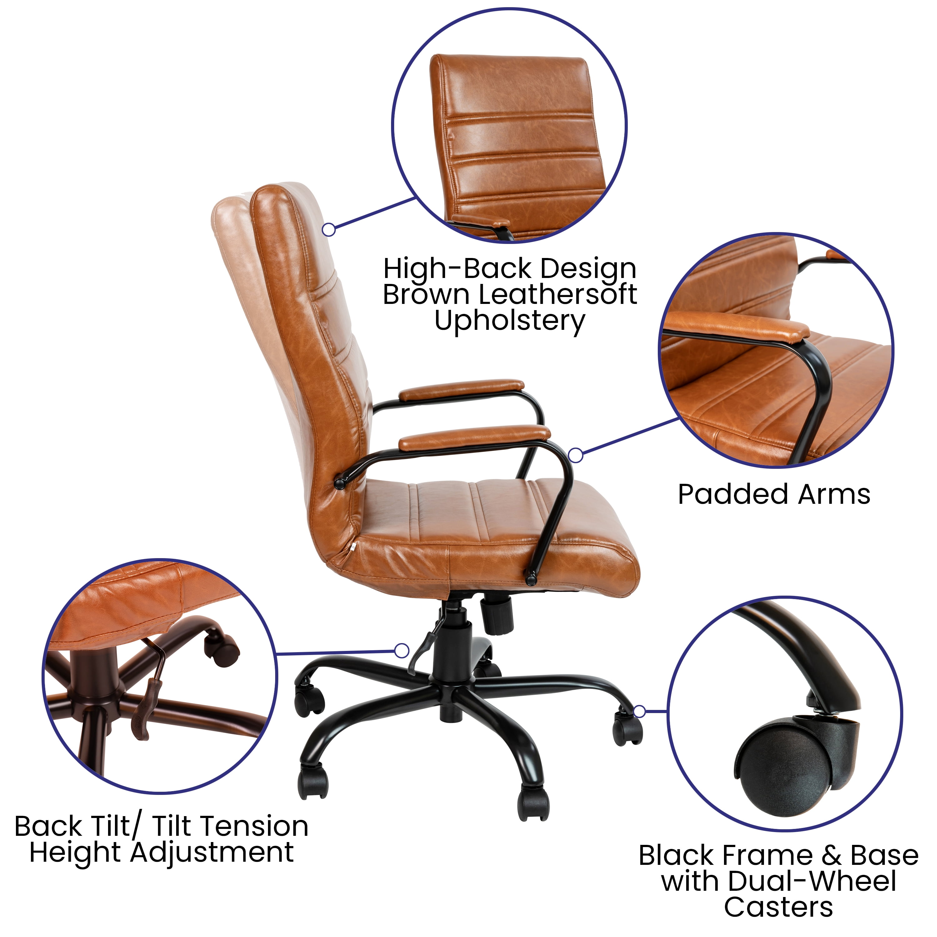 BizChair High Back Brown LeatherSoft Executive Swivel Office Chair with Black Frame and Arms