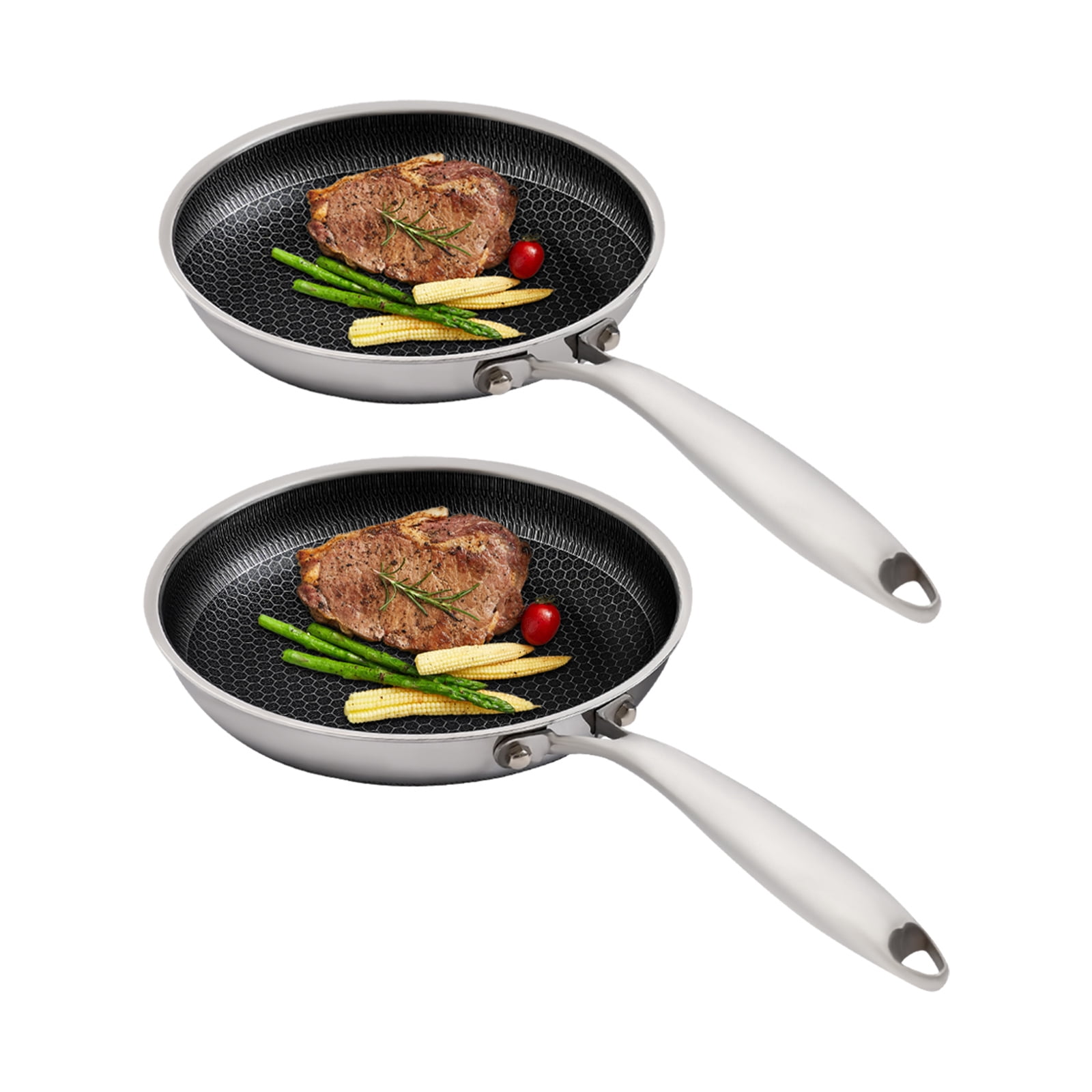 2PCS Stainless Steel Pan with Handle, Non Stick Frying Pan with Honeycomb Pattern & Lid, 10.2 + 11.8 Inch