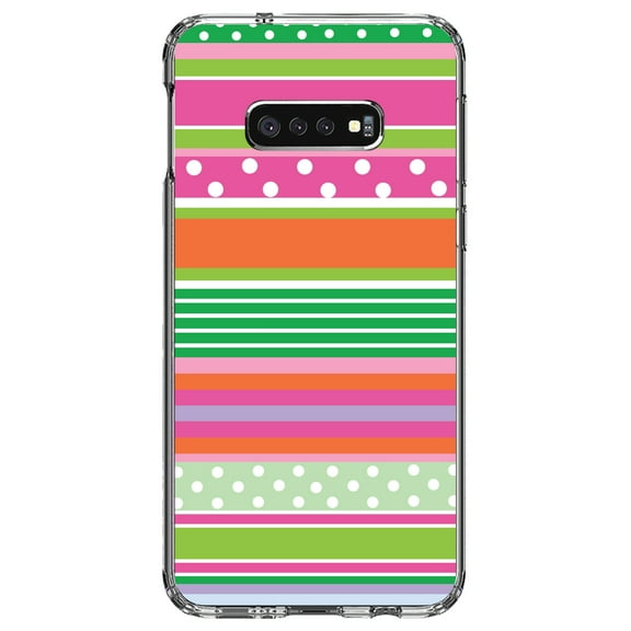 DistinctInk Clear Shockproof Hybrid Case for Samsung Galaxy S10e (5.8" Screen) - TPU Bumper, Acrylic Back, Tempered Glass Screen Protector - Green Pink White Stripes Polka Dots