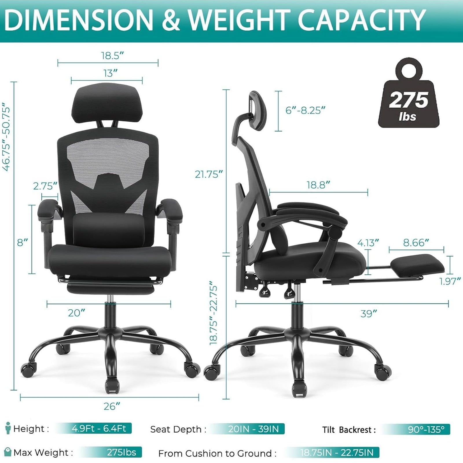 Casabay Ergonomic Home Office Desk Chair, High Back Mesh Reclining Swivel Chair with Footrest & Armrest for Back Pain Relief, Black