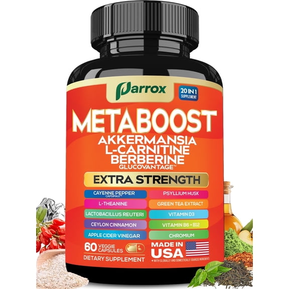Parrox Metaboost GLP-1 Booster Supplement with Akkermansia, L-Carnitine,Berberine (GlucoVantage),Chromium,Capsimax,Psyllium Husk,Probiotics & Vitamins D3,B6,B12, 20-in-1 Plant-Based Formula (60 Caps)