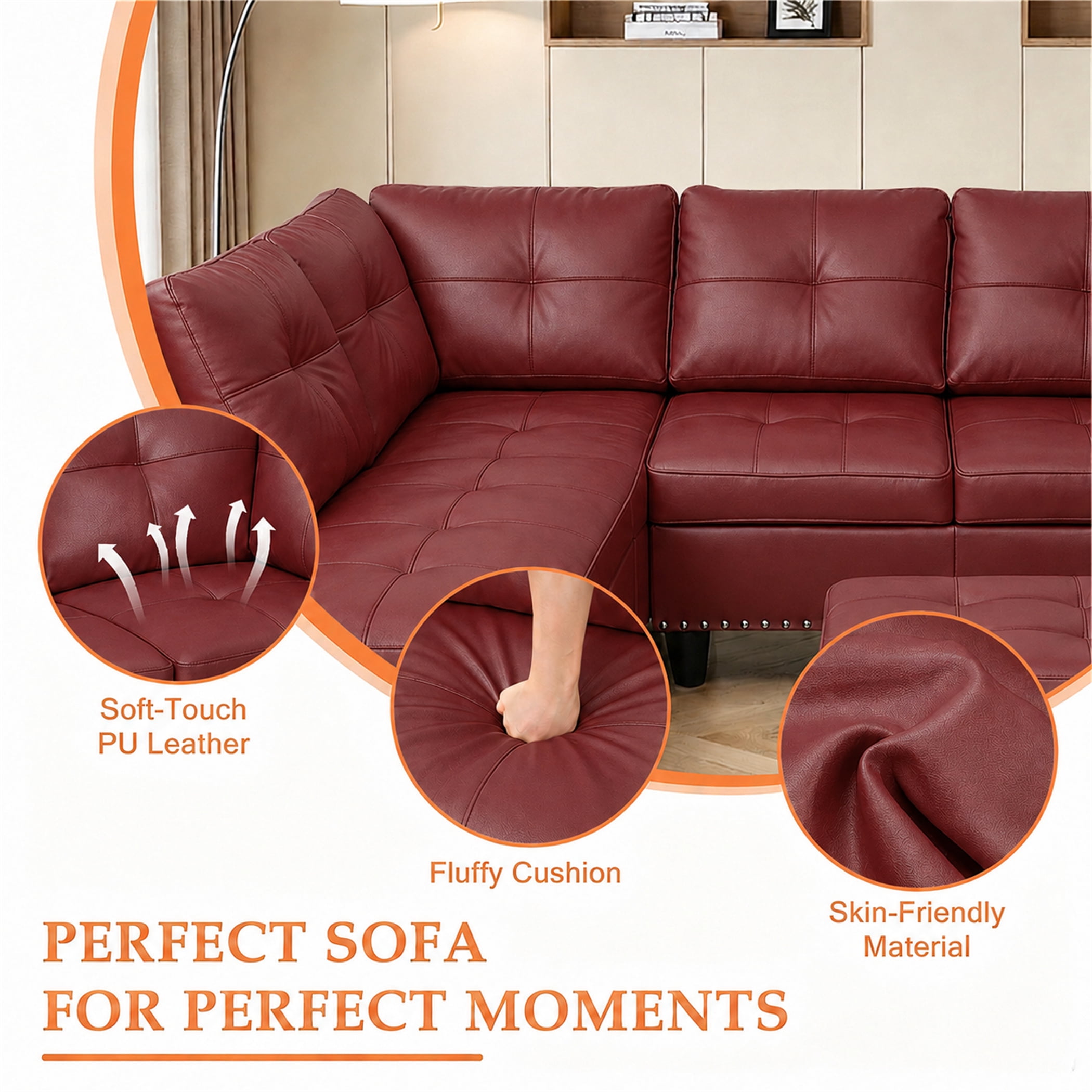 Aukfa 98" L Shaped Sectional Couch with Cup Holder Console, Tufted Back&Nailhead Trim, Oversized Left Chaise Leather Sofa for Living Room, Red