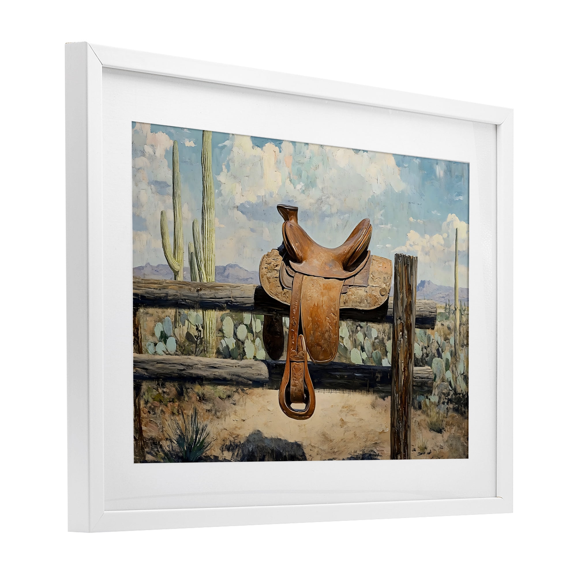 Stupell Industries Saddle on Desert Fence White Framed Print Under Glass, design by Franklyn Gregory