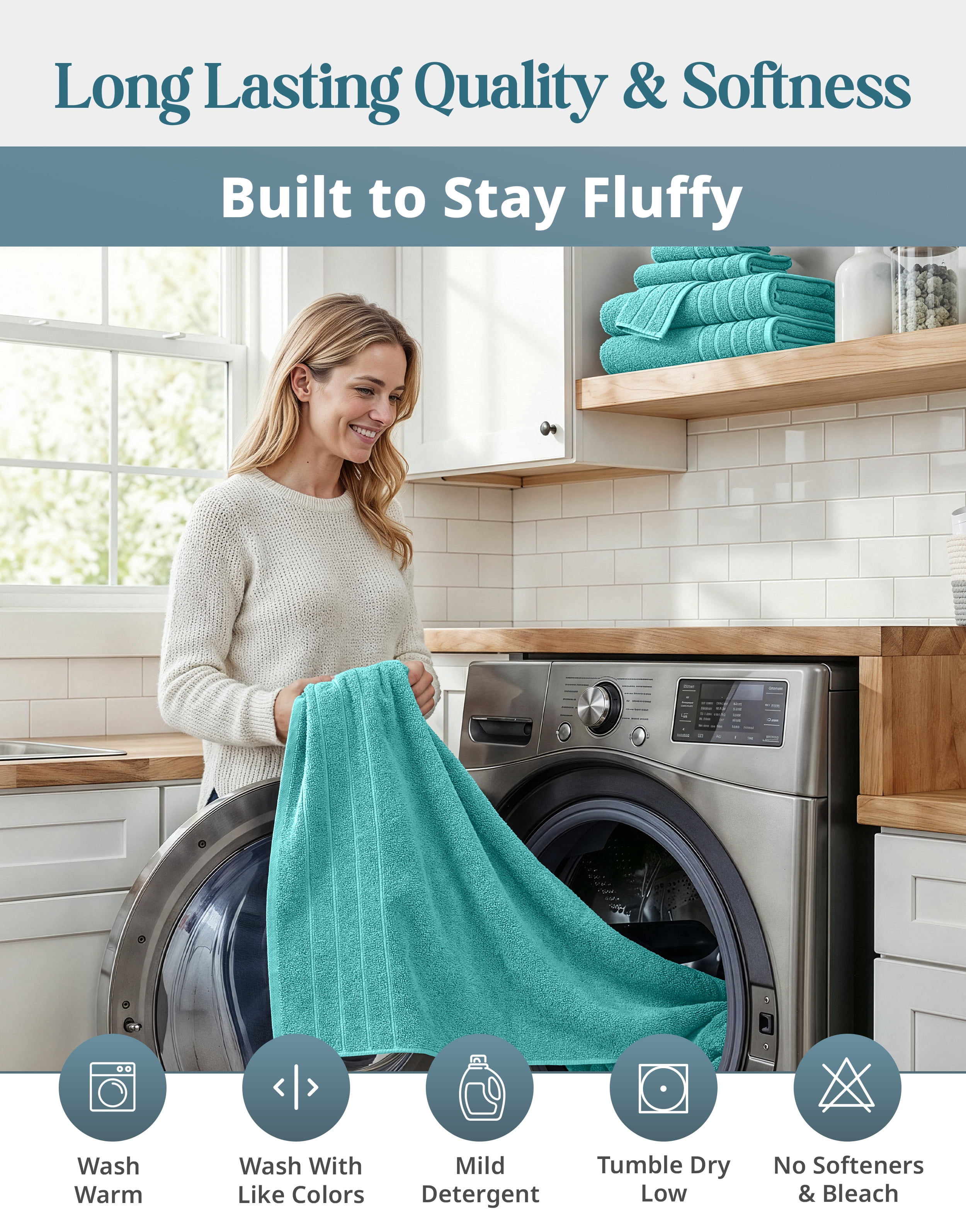 Casa Platino 12 Piece Bath Towels Set - Includes 4 Large Bath Towels, 4 Hand Towels & 4 Washcloths - Soft Absorbent Cotton Towels for Bathroom - Aqua Sky