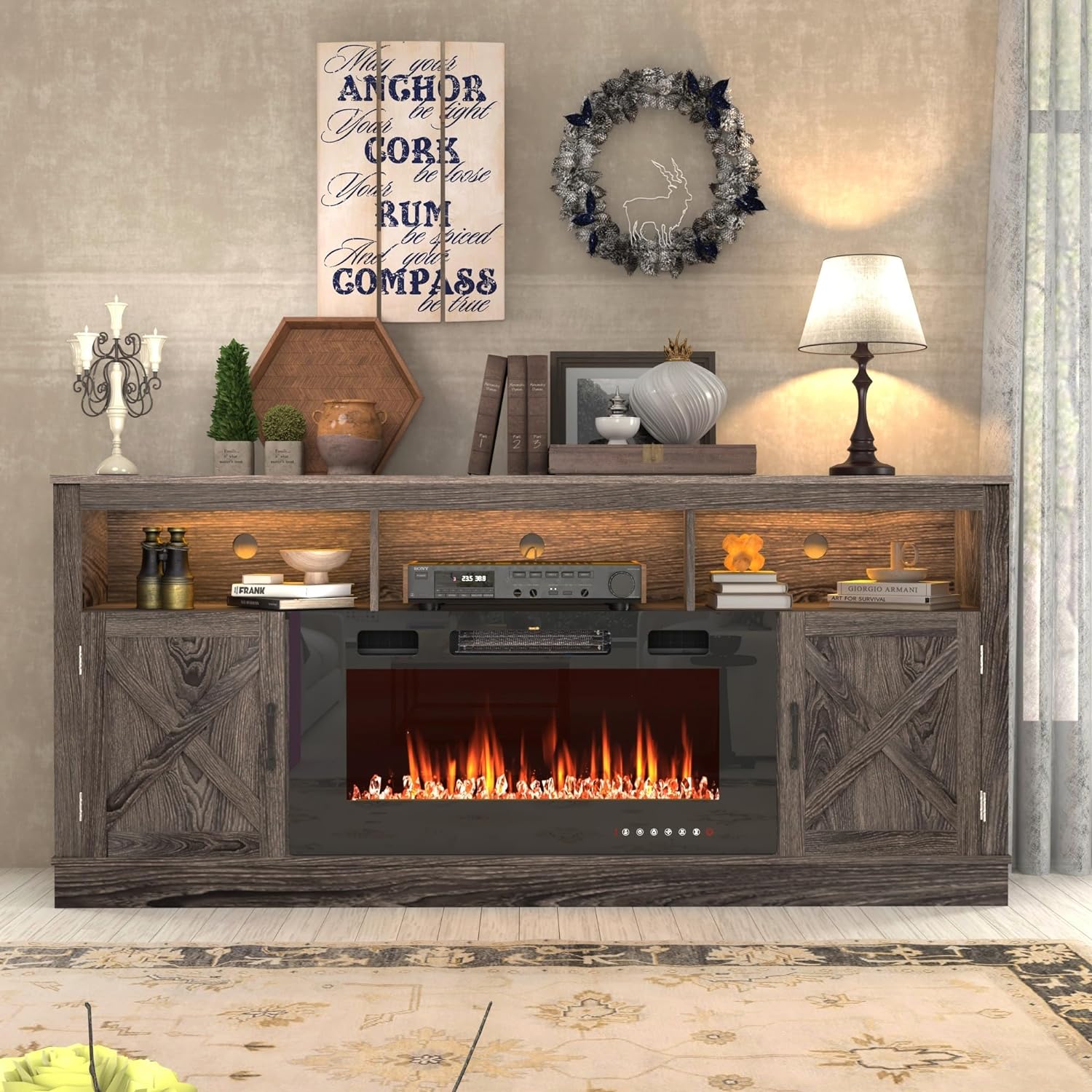 Chvans Fireplace TV Stand for 80" TV, Farmhouse photo 5