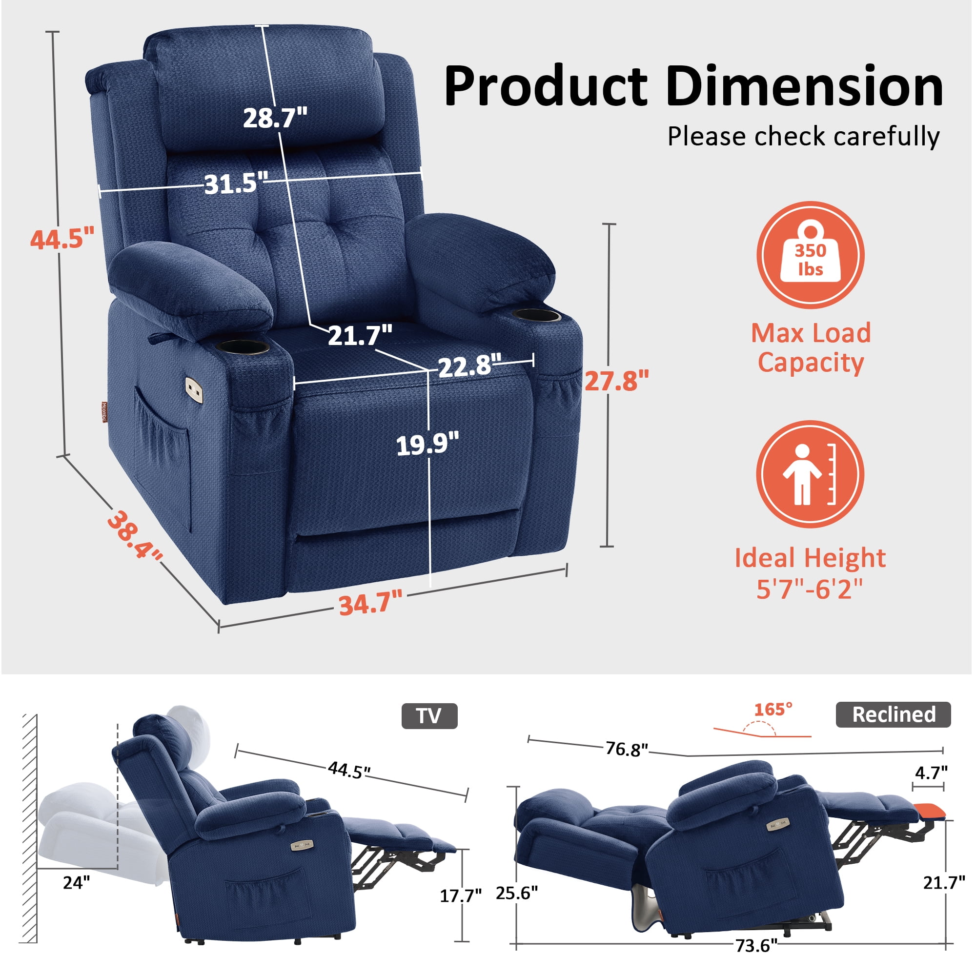 MCombo Lay Flat Triple Motor Power Lift Recliner for Big and Tall, Adjustable Headrest, Fabric(Navy Blue)