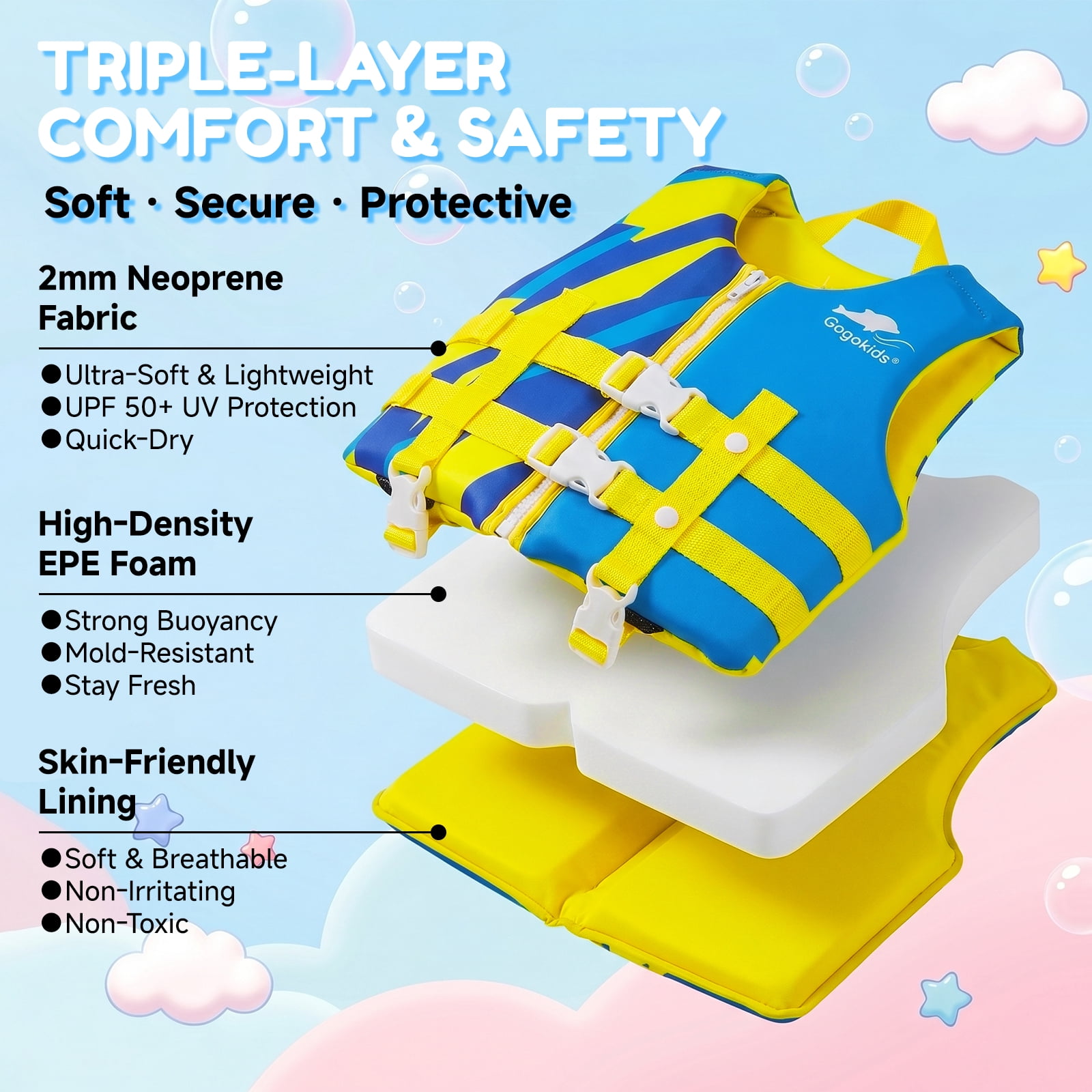 Gogokids Kids Swim Vest Toddler Life Jacket,Flotation Swimming Aid with Adjustable Safety Strap for Boys Girls Age 2-9 Years/28-66Lbs